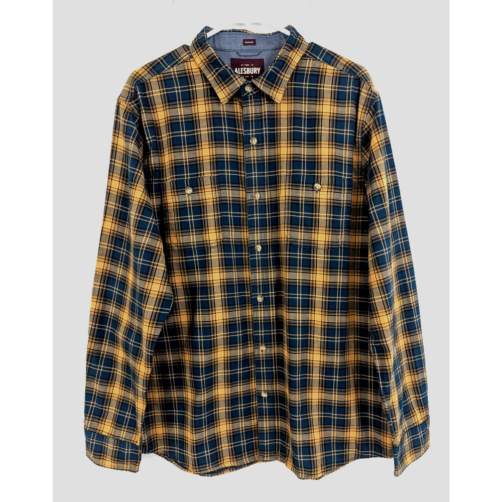 NWOT Alesbury sz L Shirt yellow teal & black plaid print long sleeves 0383